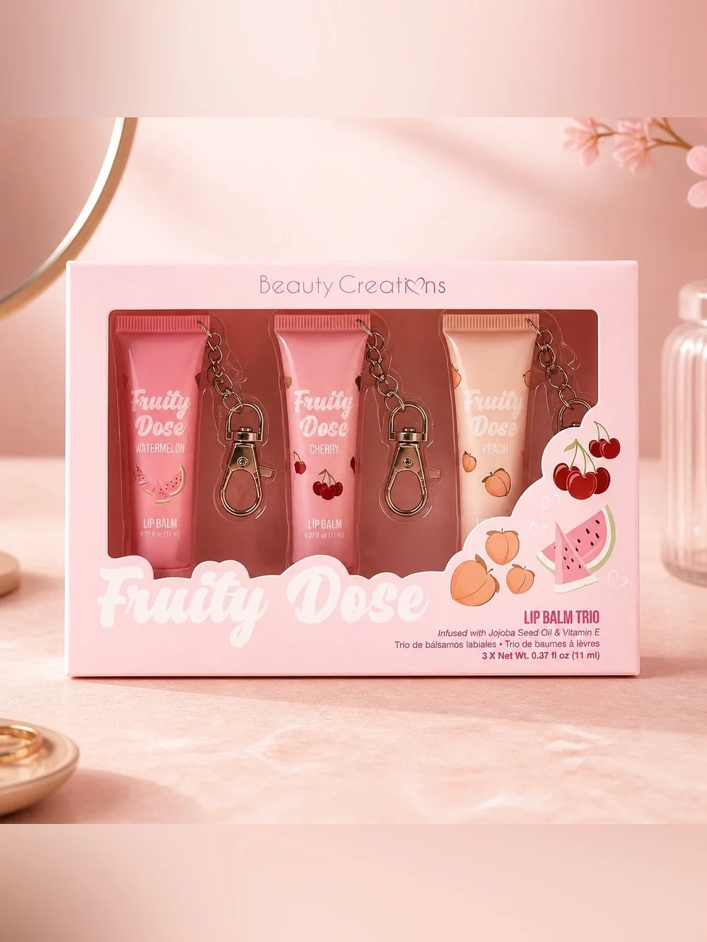 Beauty Creations Fruity Dose Lip Balm Trio Keychain Set NWT